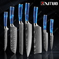 XITUO kitchen knives Set Exquisite blue resin handle Laser Damascus pattern Chef knife Santoku Cleaver Slicing Knives Best Gift