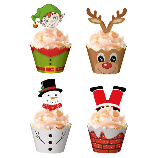 24PCS/Sets Christmas Border Card Cupcake Paper Cups&Toppers Set Cake Decoration Tool Insert Cards