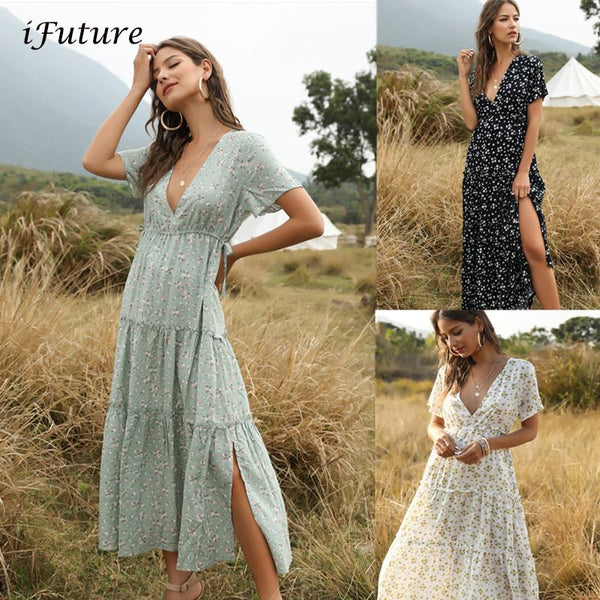 Summer Beach Holiday Dress Women Casual Floral Print Elegant  Boho Long Dress Ruffle Short-Sleeve V-neck Sexy Party Robe