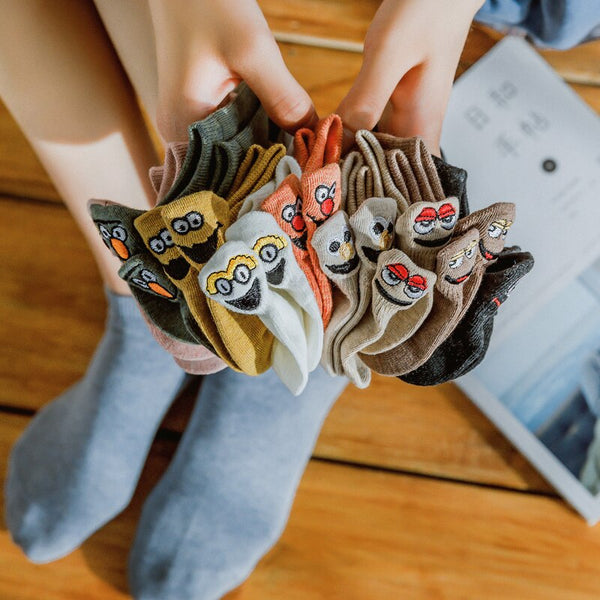 Summer Japanese Kawaii Socks Woman Embroidered Expression Socks Fashion Ankle Funny Sock Women Cotton Thin 1 Pair Candy Color