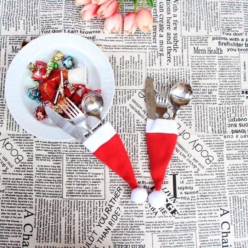 Christmas Caps Cutlery Holder Fork Spoon Pocket Christmas Decor Bag Kitchen Tableware Holder Bag Gift