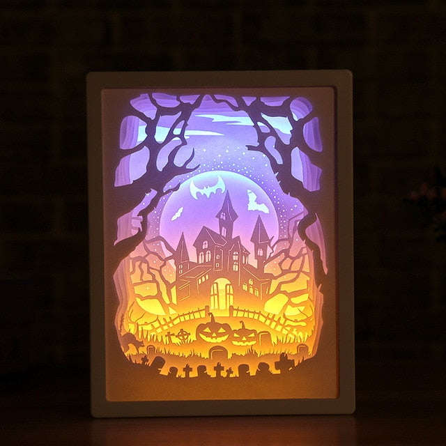 3D Paper Carving Night Lights LED Table Lamp Bedroom Bedside Night Lights Christmas Halloween Carved Decor Lamp Birthday Gifts