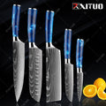 XITUO kitchen knives Set Exquisite blue resin handle Laser Damascus pattern Chef knife Santoku Cleaver Slicing Knives Best Gift