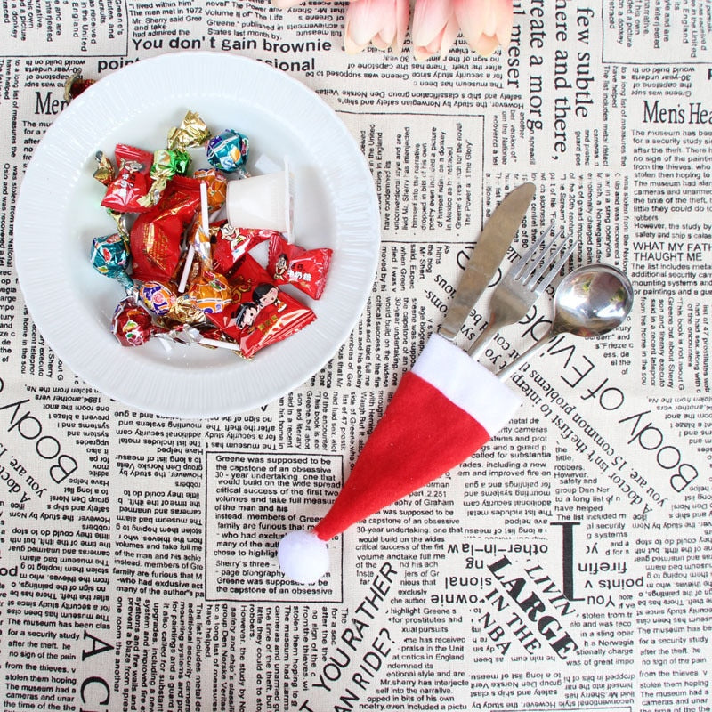 Christmas Caps Cutlery Holder Fork Spoon Pocket Christmas Decor Bag Kitchen Tableware Holder Bag Gift