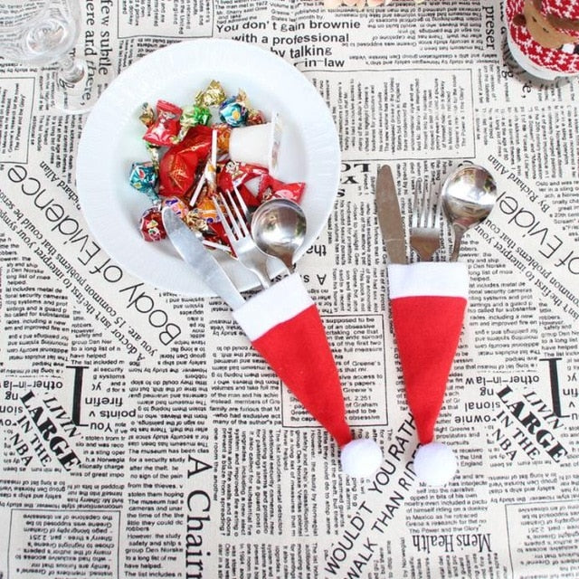 Christmas Caps Cutlery Holder Fork Spoon Pocket Christmas Decor Bag Kitchen Tableware Holder Bag Gift