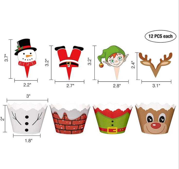 24PCS/Sets Christmas Border Card Cupcake Paper Cups&Toppers Set Cake Decoration Tool Insert Cards