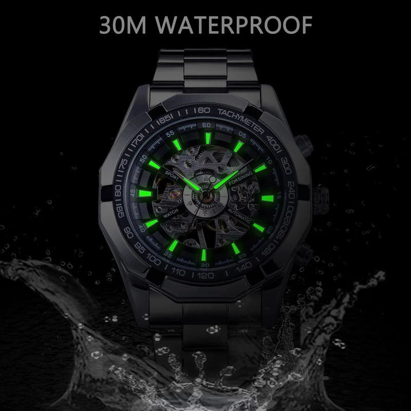 Forsining 2021 Stainless Steel Waterproof Mens Skeleton Watches Top Brand Luxury Transparent Mechanical Sport Male Wrist Watches