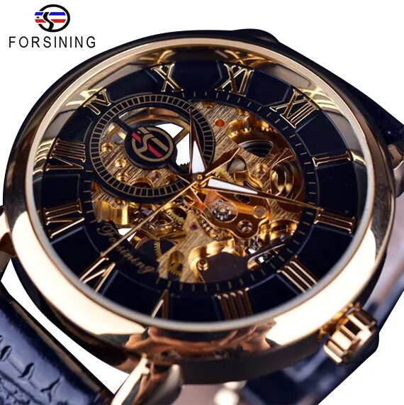 Forsining 3d Logo Design Hollow Engraving Black Golden Case Leather Skeleton Mechanical Watches Men Luxury Brand Heren Horloge