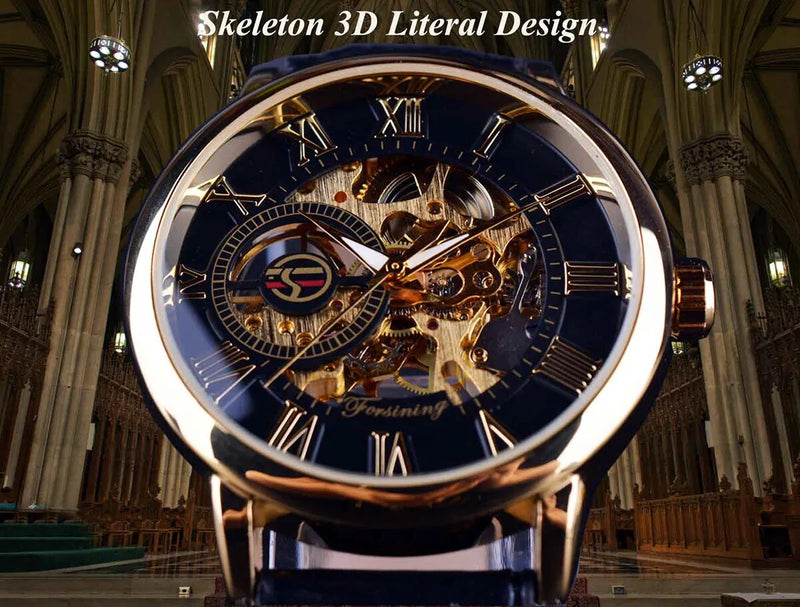 Forsining 3d Logo Design Hollow Engraving Black Golden Case Leather Skeleton Mechanical Watches Men Luxury Brand Heren Horloge