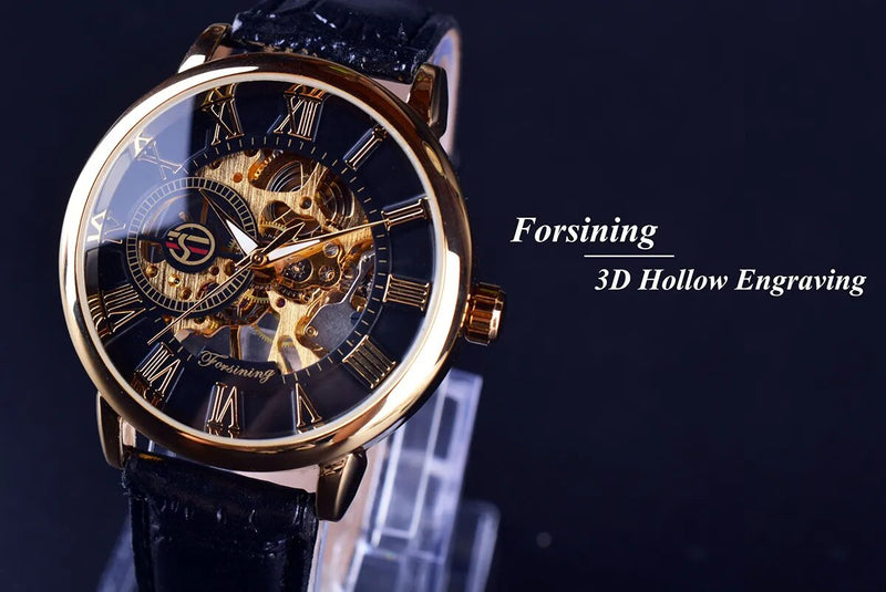 Forsining 3d Logo Design Hollow Engraving Black Golden Case Leather Skeleton Mechanical Watches Men Luxury Brand Heren Horloge