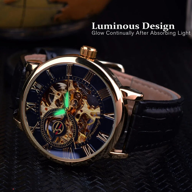 Forsining 3d Logo Design Hollow Engraving Black Golden Case Leather Skeleton Mechanical Watches Men Luxury Brand Heren Horloge