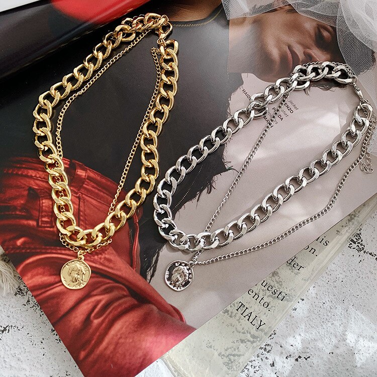 European and American retro portrait of exaggerated thick chain necklace double personality chain hip-hop neck chain short colla