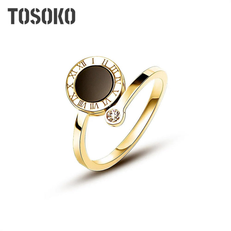 TOSOKO Stainless Steel Roman Numeral Shell Ring Opening With Zircon Tail Ring Fashion Female Jewelry BSA036