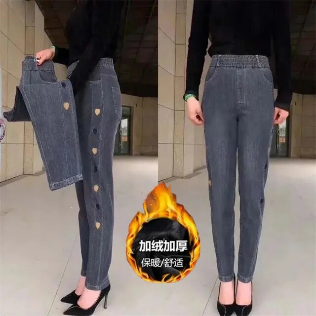 WinterEmbroidery Jeans Women's  Elastic High Waist Jeans 5XL FashionWomen Black Blue Pocket Mom Jeans Skinny Stretch Pants Women