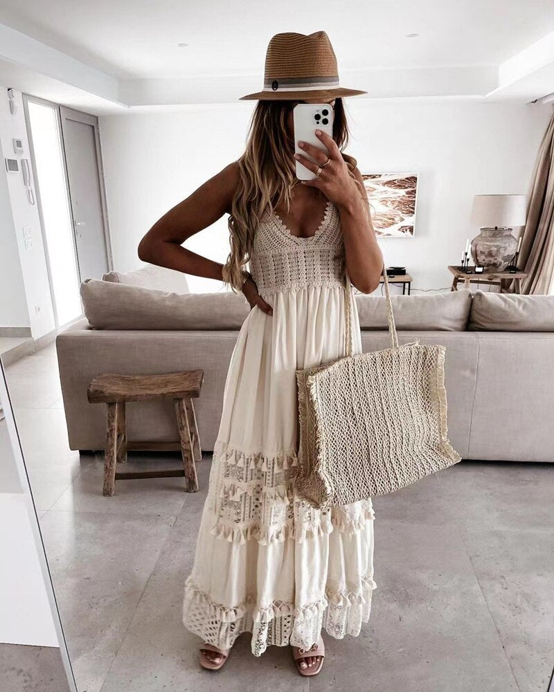 White Crochet Bohemian Dress