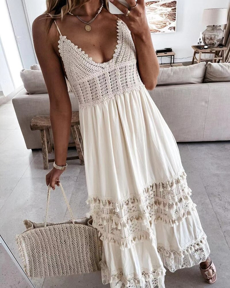 White Crochet Bohemian Dress